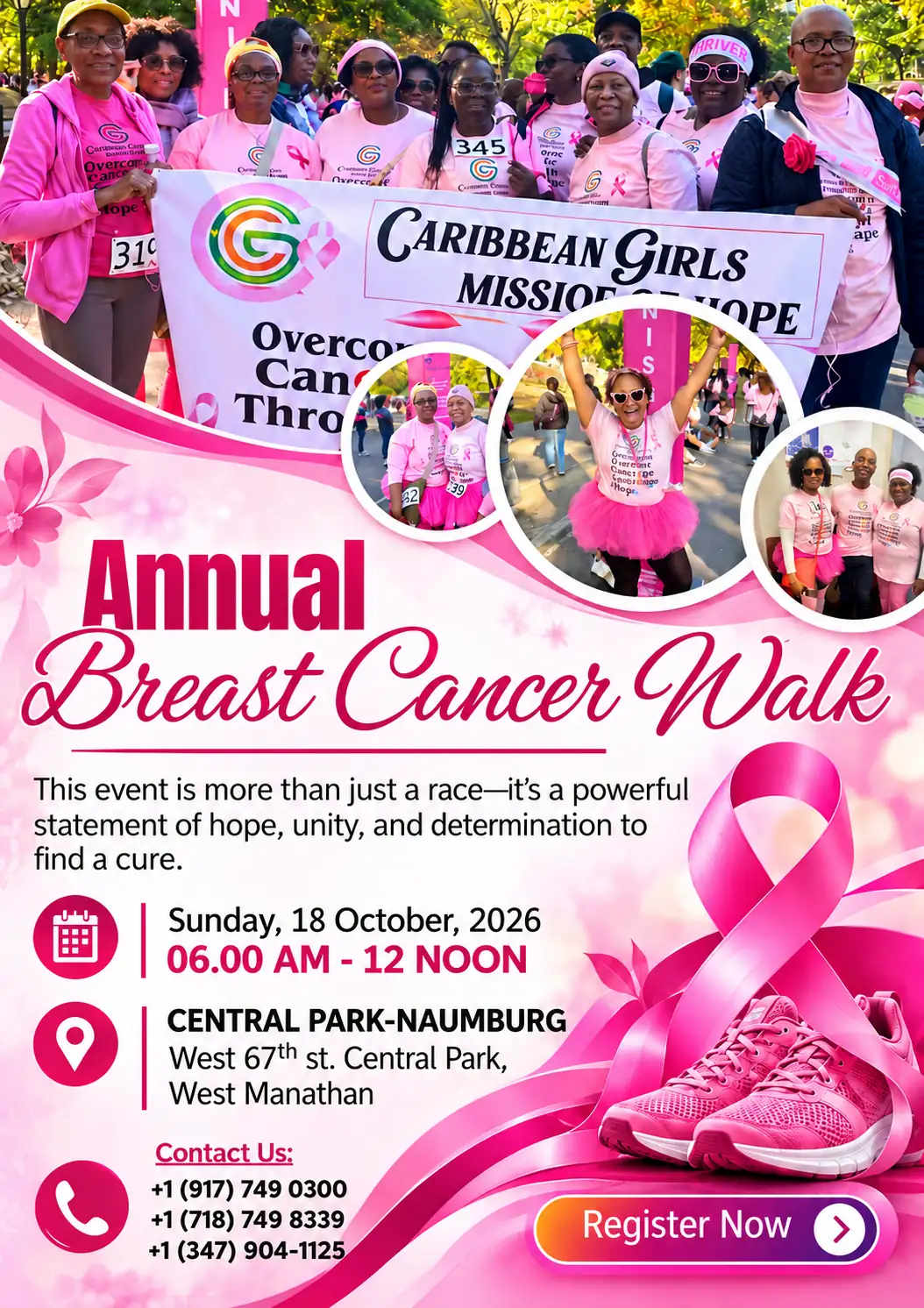 Flyer for the Caribbean Girls Mission of Hope Annual Breast Cancer Walk, Sunday, October 18, 2026, Central Park