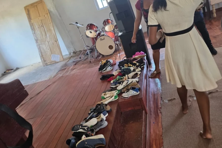 Donated shoes arranged for distribution during the Kawkani outreach
