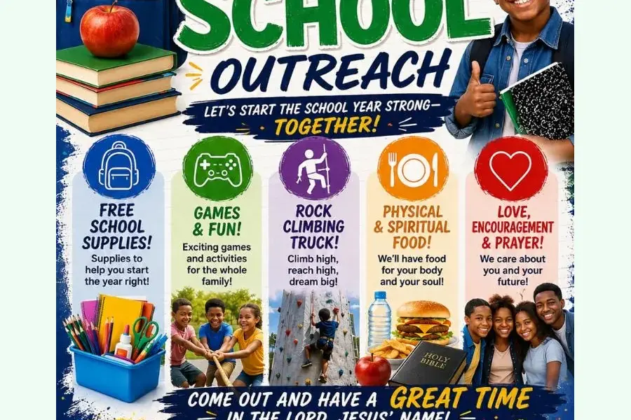 Back-to-school outreach graphic promoting supplies, games, food and encouragement